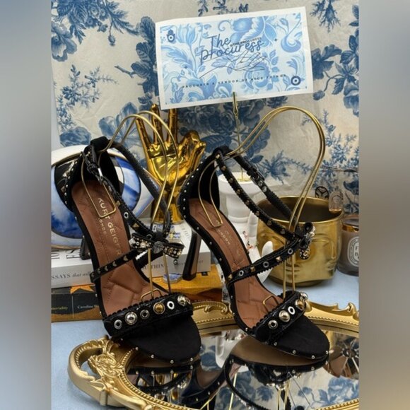 🆕 KURT GEIGER LONDON 🧿 NWOB Mini Bow Eyelet Heel Sandal, Black - Sz 37 US 7 - Picture 2 of 15